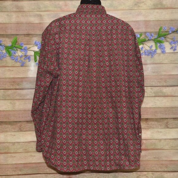 VTG Cambridge Mens XXL Maroon Burgundy Corduroy Geometric Print Button Up Preppy - Picture 5 of 8